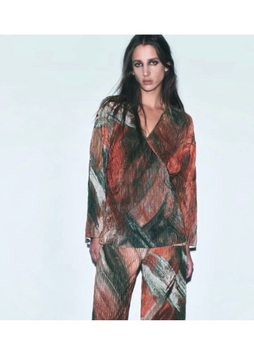 Zara Multicolor Wrap Top and Pants Set - Rust, Green, Cream small. Worn once